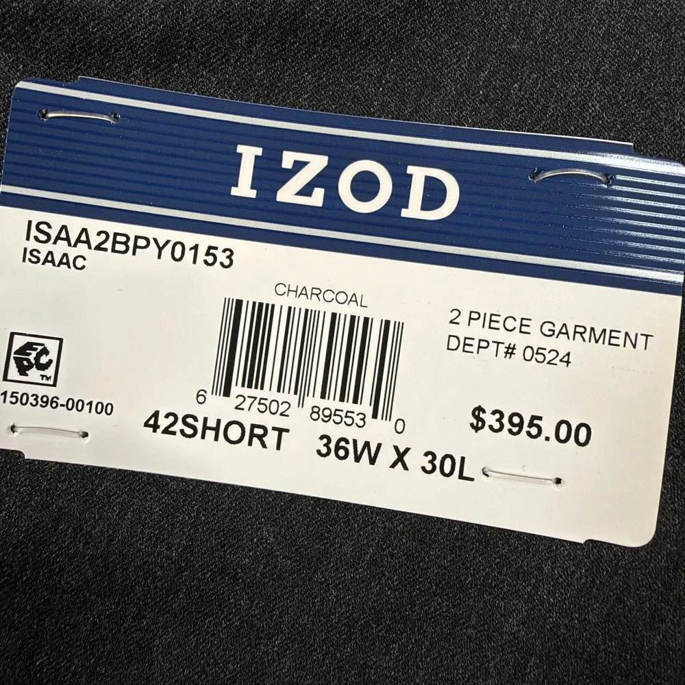 IZOD Mens Charcoal Grey Isaac 2 Piece Suit 42S 36W x 30L Wrinkle Resistant NEW